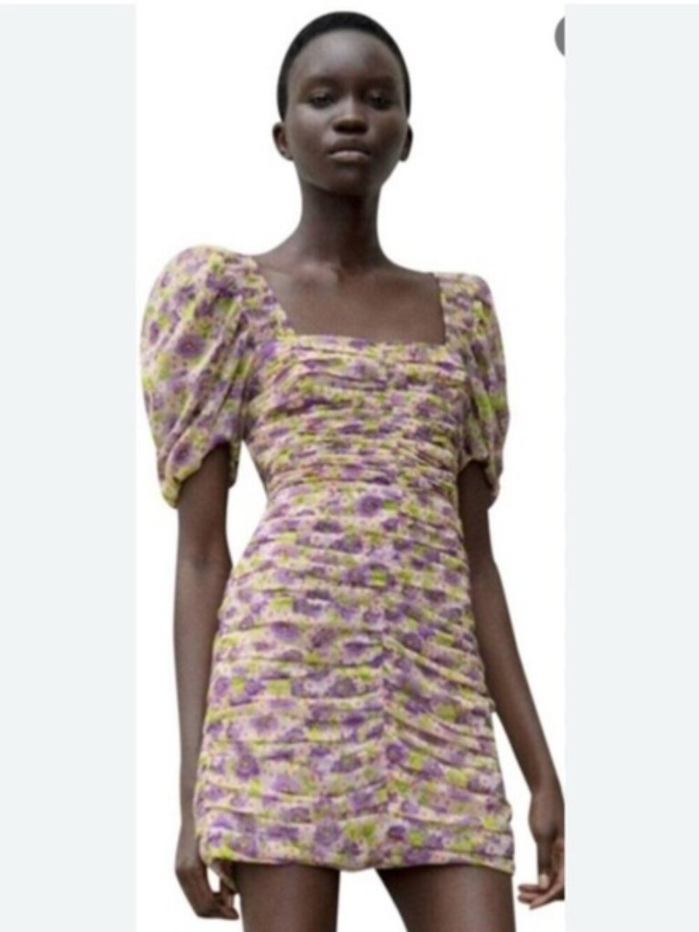 zara purple floral puff sleeve chiffon ruched mini dress square neck size S NWT